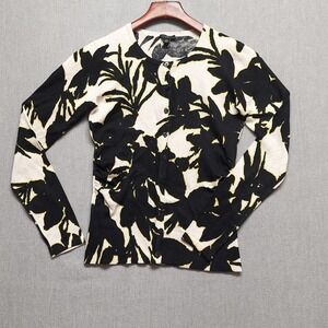 Ann Taylor Cardigan Womens XS Black Cream Silk Floral Knit Cinched Sides Chic